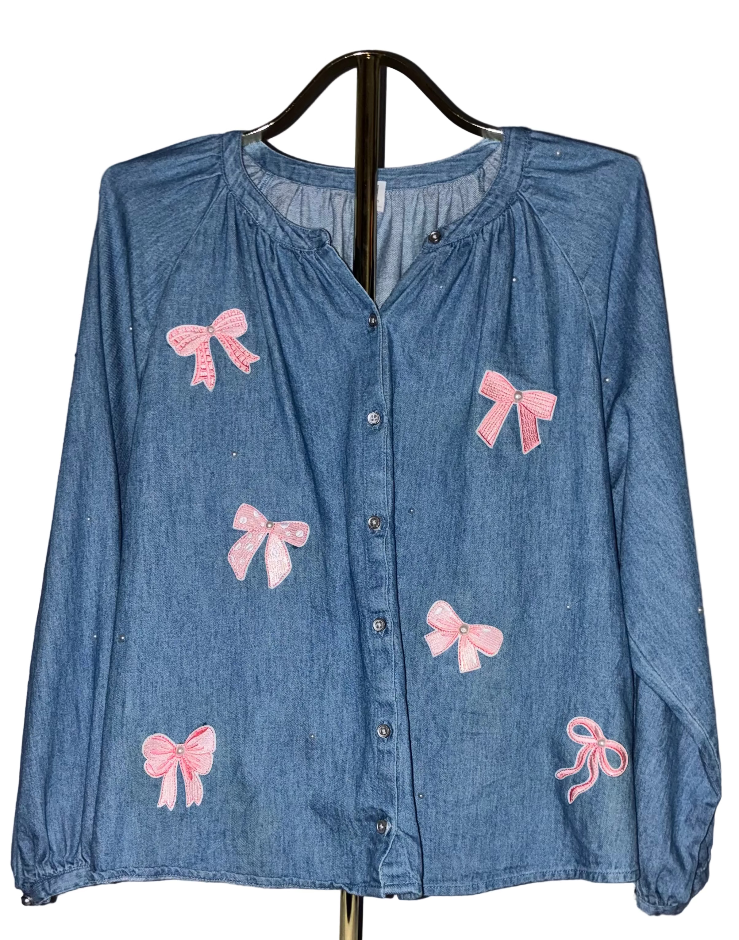 denim, pearls, & bows blouse