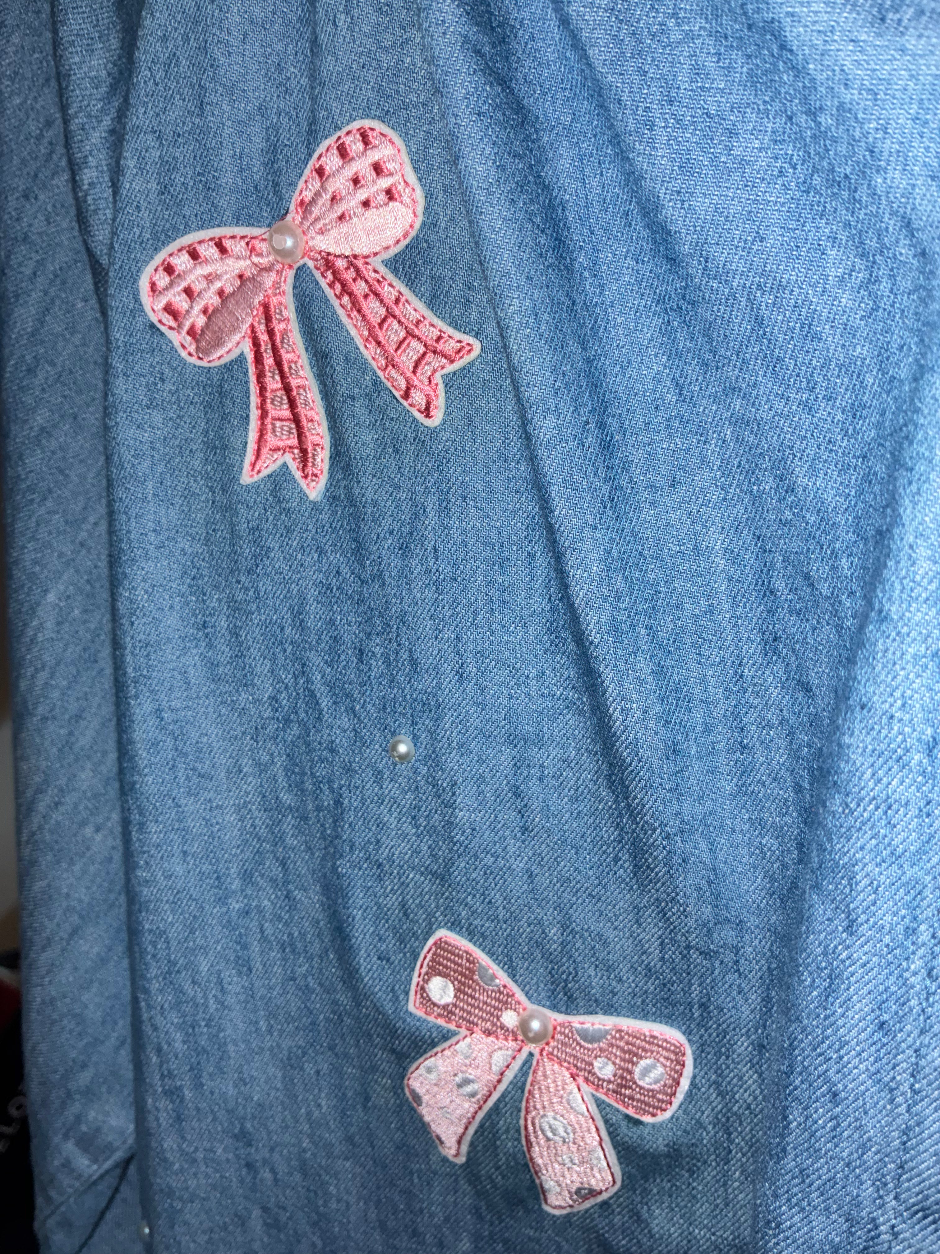 denim, pearls, & bows blouse