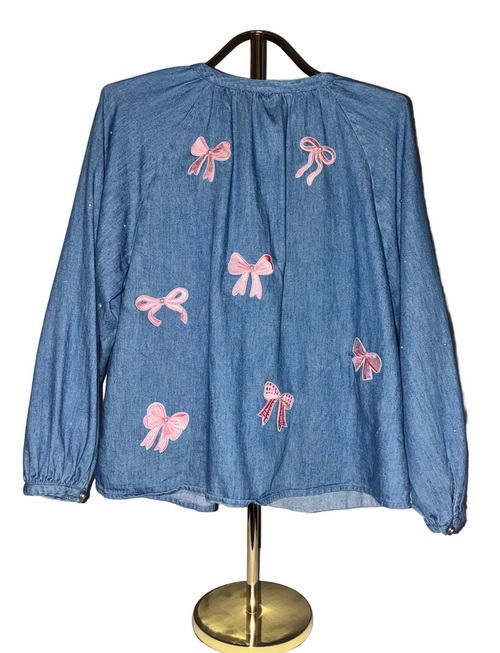 denim, pearls, & bows blouse